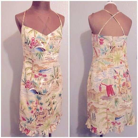 Vintage Maggie London Sweetheart Empire Waist Tropical Jungle Vacation Dress 12 - Picture 1 of 12